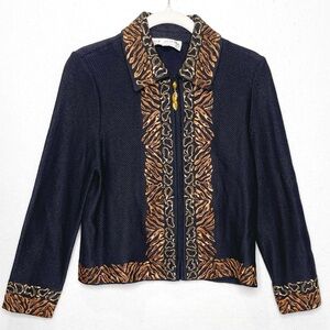 St John Collection Metallic Black Jacket Santana Knit Embroidery Animal Print 8